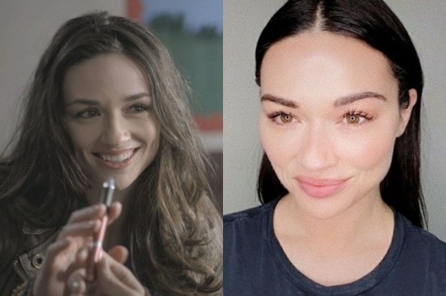 crystal-reed Duas fotos da atriz Crystal Reed. Uma, ela está atuando em Teen Wolf, pegando uma caneta emprestada. Na outra, está posando para uma selfie.
