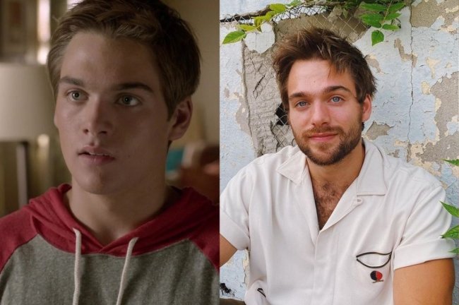 Montagem de antes e depois de Dylan Sprayberry, de Teen Wolf; na primeira uma imagem do personagem do ator na série com expressão confusa e um moletom cinza com vermelho; na segunda ele está com barba sorrindo levemente com uma camisa branca nos tempos atuais