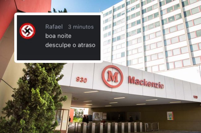 Foto da fachada da Universidade Presbiteriana Mackenzie e print do chat de aluno fazendo apologia ao nazismo