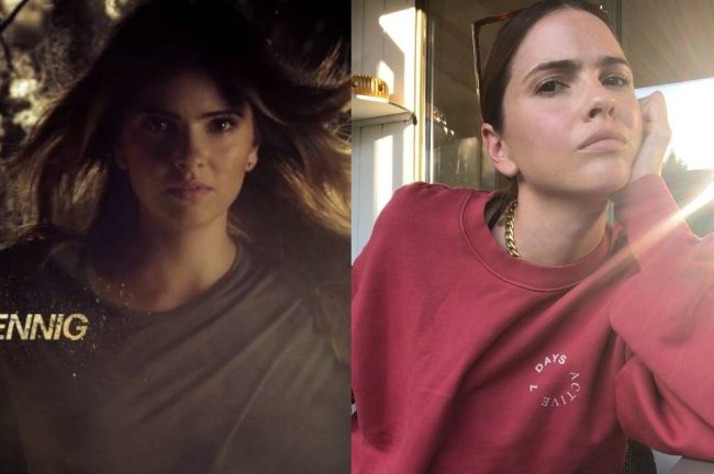 malia teen wolf Montagem com duas fotos; na primeira Shelley Hennig de cabelo solto na abertura de Teen Wolf e na segunda uma selfie da atriz de cabelo preso com expressão séria o rosto apoiado na mão