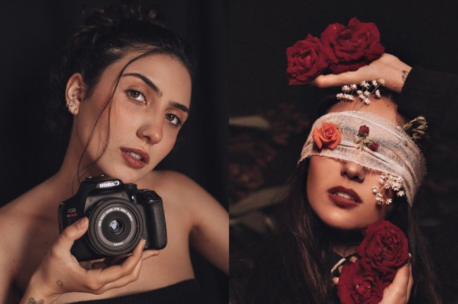 Fotos da fotógrafa Nicole Assis. À esquerda, ela aparece fazendo carão, segurando uma câmera nas mãos. À direita, um ensaio conceitual mostra Nicole com flores e uma gaze tampando os olhos