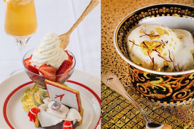 13 curiosidades sobre o sorvete: da Copa do Mundo ao mais caro já vendido Imagens dos sorvetes mais caros do mundo. Na foto à direita, um feito com morangos e chantilly, e que vem com um anel de diamante junto. À esquerda, o de baunilha, com açafrão, trufas e ouro comestível