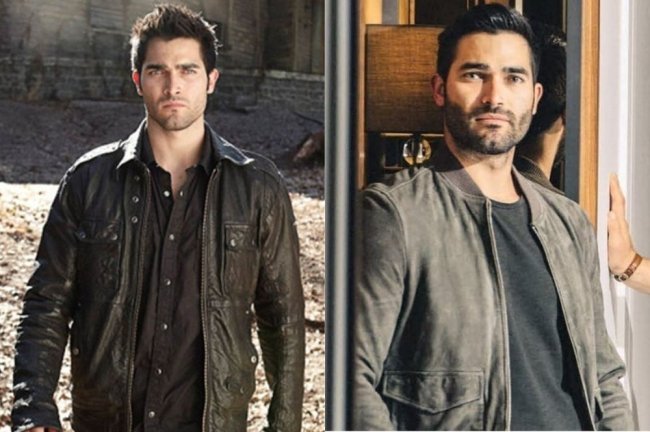 tyler-hoechlin Duas fotos do ator Tyler Hoedchlin. Uma, ele está atuando em Teen Wolf, com uma jaqueta de couro preta. Na outra, ele está posando para uma foto, com roupa preta.