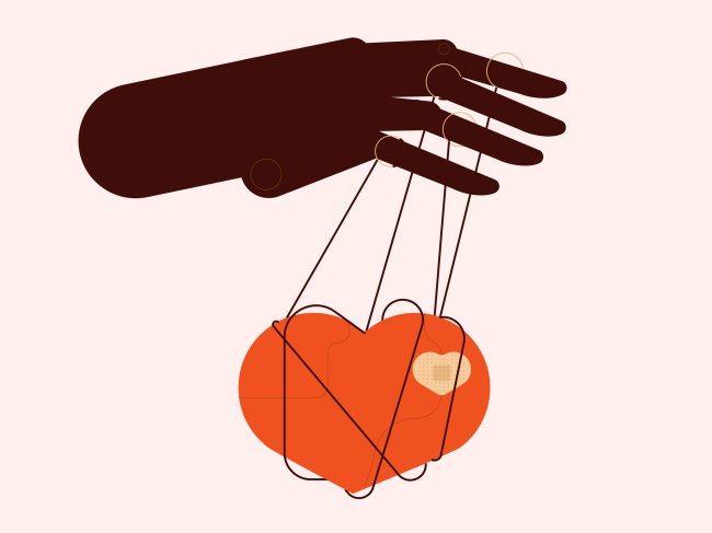 Relacionamento abusivo: por que não é assim tão simples sair dele? Ilustração de um coração preso a cordas e sendo controlado por uma mão, como se fosse uma marionete