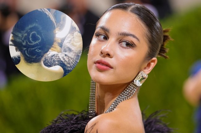 Olivia Rodrigo Foto com close no rosto de Olivia Rodrigo e montagem com circulo destacando a parte de trás do penteado dela.