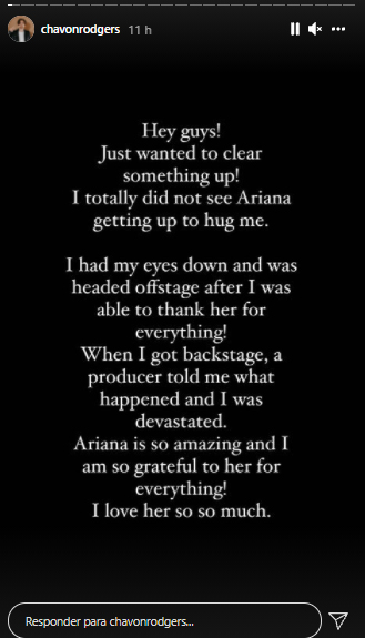 chavon-rodgers-the-voice-ariana-grande-abraco print do post de Stories em que Chavon Rodgers afirma que não viu Ariana Grande se levantar para abraçá-lo