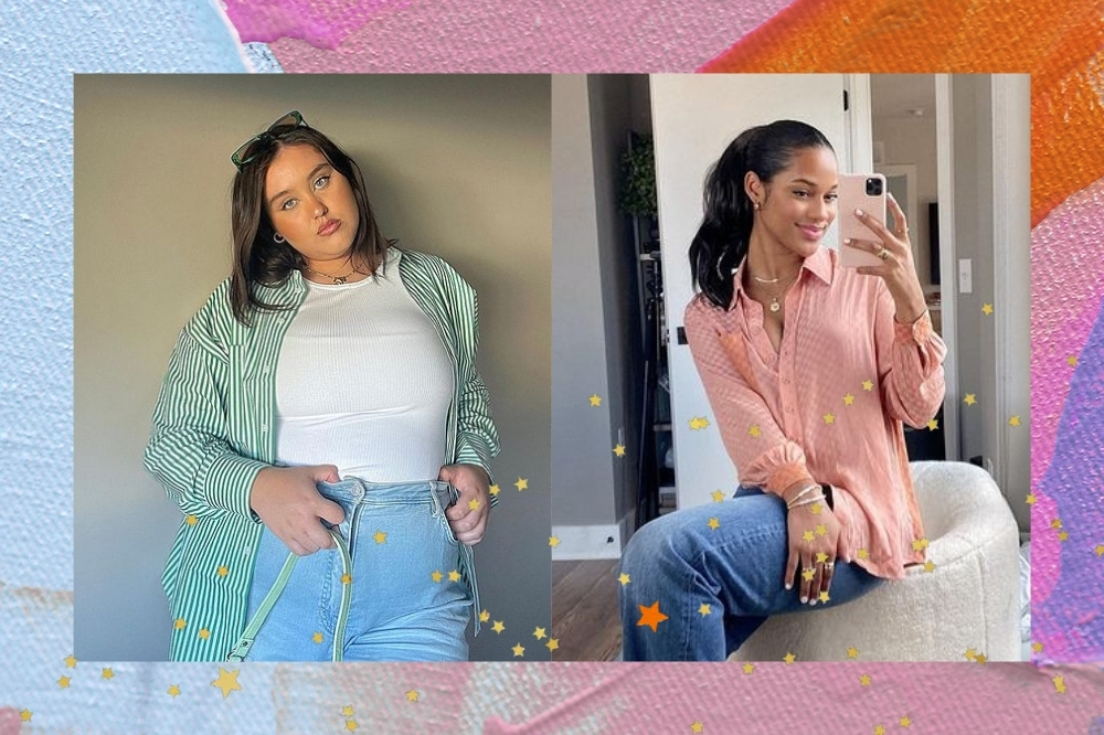 Montagem com o fundo colorido e detalhe de estrelinhas douradas com a foto de duas mulheres. A mulher da esquerda usa uma camiseta branca, camisa de manga longa verde, short jeans, óculos de sol e bolsa baguete verde. Ela olha para a câmera e não sorri. A mulher da direita usa uma camisa rosa de manga longa, calça jeans e chinelo slide. Ela olha para o celular e sorri.
