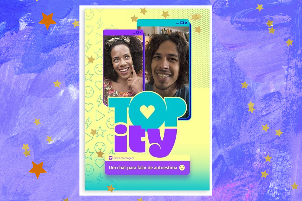 topity-ferramenta-unicef-dove-autoestima Foto da ferramenta Topity, criada pela Dove em parceria com a Unicef. Há uma mulher e um homem em um fundo amarelo e azul, logo do chatbot Topity e a frase Um chat para falar sobre autoestima escrita embaixo.