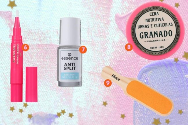 Cuidados com a unha Fundo colorido com produtos para as unhas posicionados com números.