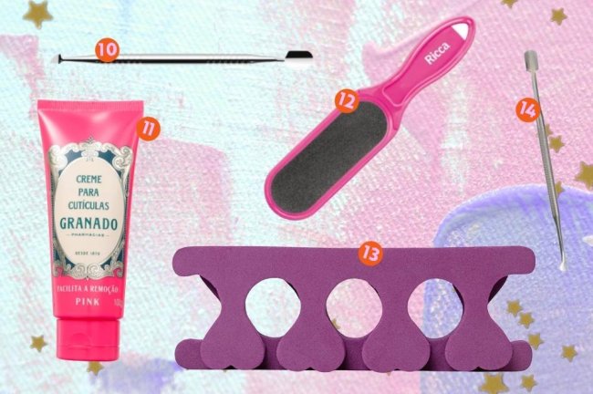 Utensilios de unha Fundo colorido com produtos para as unhas posicionados com números.