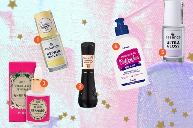 Utensilios Fundo colorido com produtos para as unhas posicionados com números.