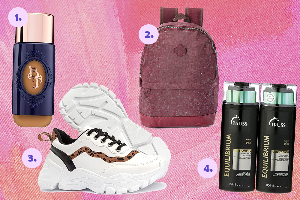 Produtos do esquenta Black Friday da Amazon. Base de rosto, mochila vinho, tênis branco e kit de cabelo em fundo rosa