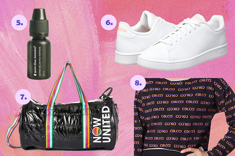 Produtos do esquenta Black Friday da Amazon. Secador de unhas em embalagem preta, tênis branco, mochila de viagem do Now United e moletom da Colcci em fundo rosa