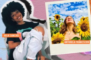 Galera CAPRICHO dá dicas valiosas para você que vai prestar o Enem Foto da Julia e da Antonela, da Galera CAPRICHO. A Julia posa para a foto sentada em uma cadeira. Ela sorri, tem o cabelo black power e veste uma calça jeans destroyed. A Antonela posa em um campo de girassóis. Ela é branca, tem o cabelo liso loiro e olha para o céu azul.