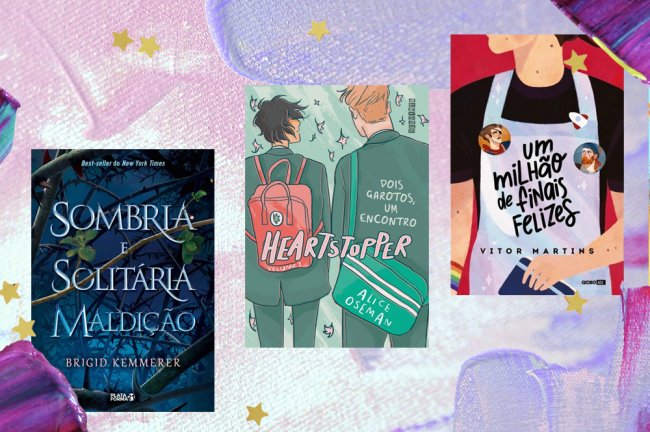 Colagem com as capas de Sombria e Soliitária Maldição, Heartstopper e Um Milhão de Finais Felizes; na primeira o nome do livro está escrito em azul em um fundo azul mais escuro com folhas verdes em volta; na segunda dois meninos estão de costas andando, um deles tem cabelo preto e o outro loiro, a cor predominante na imagem é verde sendo que a bolsa do loiro é verde e a de Charlie, de cabelo preto, é vermelha; uma pessoa de avental colorido com uma camiseta preta por baixo, só é possível ver abaixo do pescoço e acima da barriga do personagem, que tem o nome do lirvo escrito em preto no avental tie-dye; a margem é uma textura de tons de tintas nas cores rosa, roxo, azul e branco com estrelas amarelas como decoração