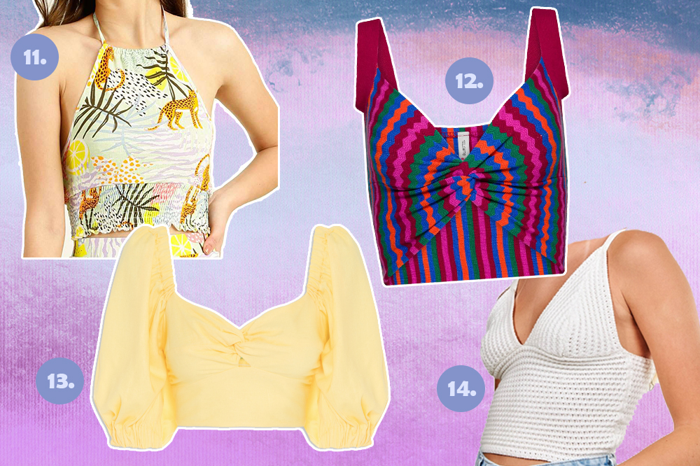 top-cropped-para-verao-03 Quatro top croppeds em fundo degradê em azul e lilás. Um estampado com folhas e onças, um listrado com rosa e azul, um amarelo de mangas bufantes e um branco de crochê.