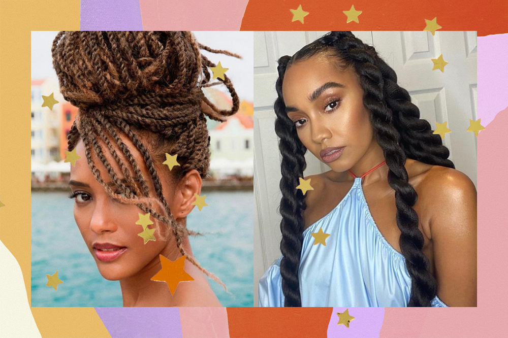 Montagem mostra, de um lado, Taís Araújo na praia com coque de twist no cabelo. Ela olha para a câmera com um leve sorriso. A imagem destaca o seu rosto. De outro, Leigh-Anne, integrante do Little Mix, usando um vestido azul bebê e twist preto grosso no cabelo. Ela olha em direção à câmera com expressão serena.