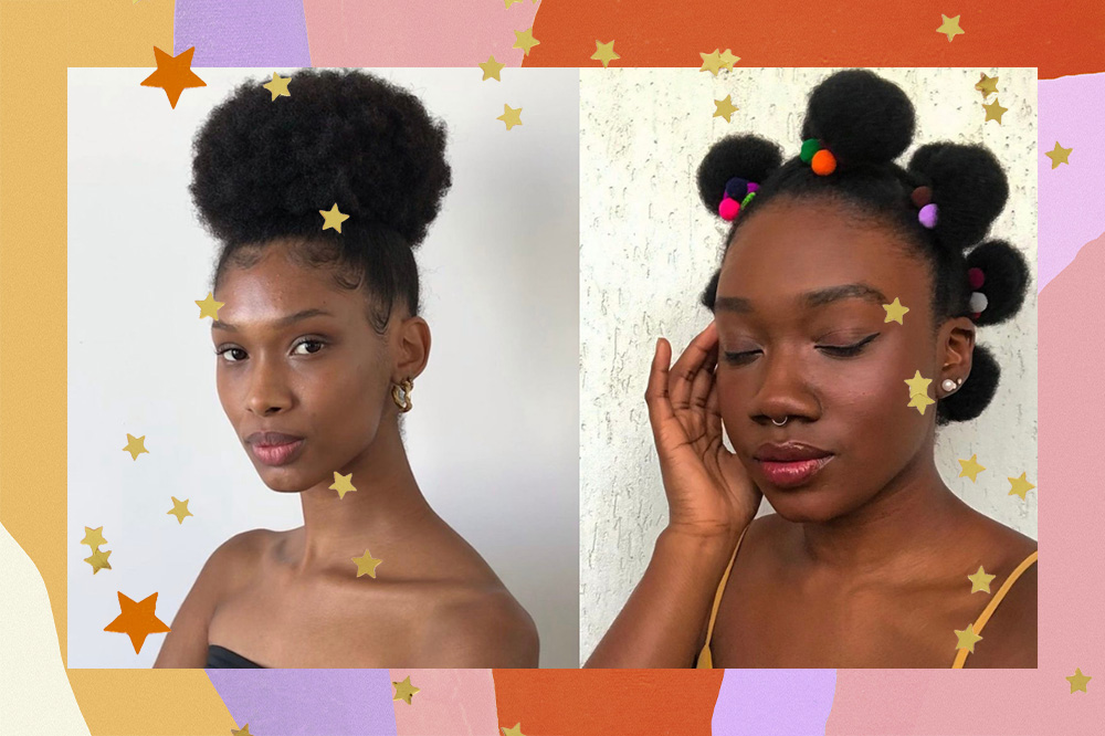 A montagem mostra, de um lado, a modelo Amanda Costa, usando top preto e um coque afro puff com baby hair no cabelo. Ela usa brincos dourados medianos e olha para a câmera com expressão leve. De outro, a estudante de medicina Agatha Silva usando regata de alcinha laranja e coquinhos com pompons coloridos no cabelo. Ela olha em direção à câmera com expressão surpresa.