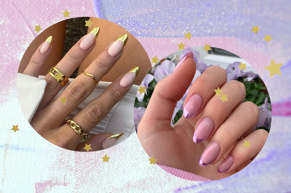 Montagem com duas fotos dentro de molduras circulares em fundo lilás e rosa com estrelinhas douradas. À esquerda, imagem de uma mão com anéis dourados e unha francesinha com esmalte dourado. À direita, mão dobrada mostrando unha francesinha com esmalte rosa metalizado.