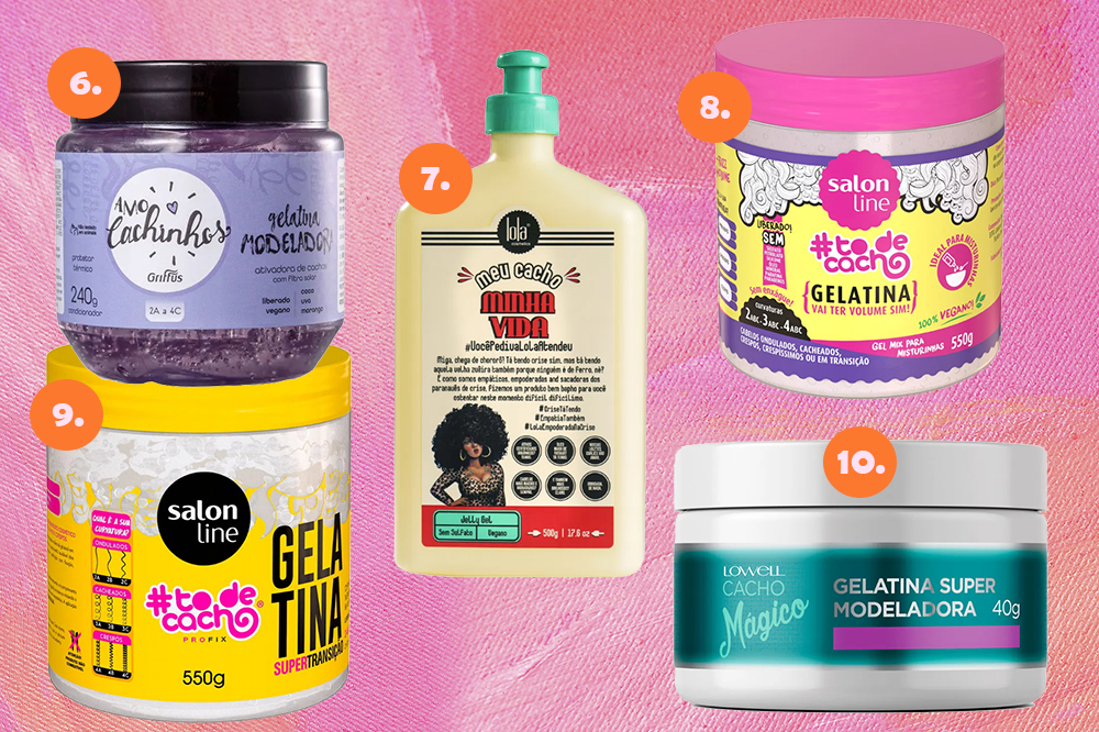 gelatinas-capilares- Opções de gelatinas capilares para cacheadas, crespas e onduladas em fundo rosa