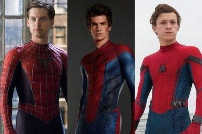homem-aranha Montagem dos três atores que interpretaram Homem-Aranha vestidos com o traje.