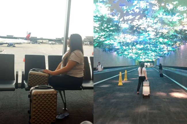 Como é morar em um internato no interior da Inglaterra? Fotos da Marine, da Galera CH, no aeroporto, antes de embarcar para a Inglaterra. Na primeira, ela está sentada, olhando para a janela. Na segunda, caminhando com a mala de bordo de rodinhas