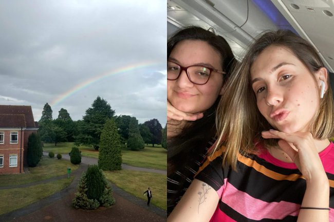 Como é morar em um internato no interior da Inglaterra? Foto de Marine, da Galera CH, durante intercâmbio. Ela posa com uma amiga loira, dentro do avião.