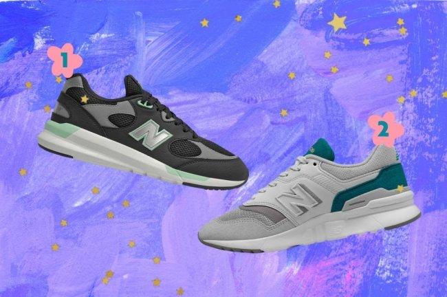 Montagem com a foto de dois tênis esportivos da New Balance com o fundo roxo e detalhe de estrelinhas douradas.