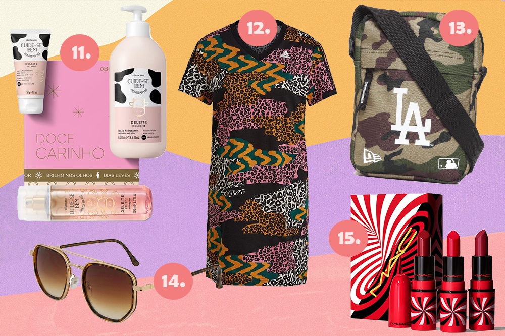 Montagem com cinco sugestões de presente de Natal em fundo amarelo, lilás e rosa. Um kit de skincare com cremes, um vestido de animal print, uma bolsa com estampa camuflada, um óculos de sol e um kit com três batons da MAC.