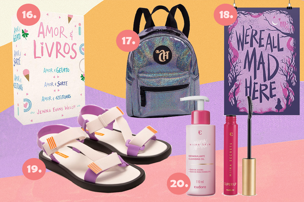 presentes-de-natal-2021-04 Montagem com cinco sugestões de presente de Natal em fundo amarelo, lilás e rosa. Um box de livros Amor & livros, uma mini bag holográfica da CAPRICHO, um pôster de Alice no País das Maravilhas, uma papete lilás e um kit com produtos da Niina Secrets.