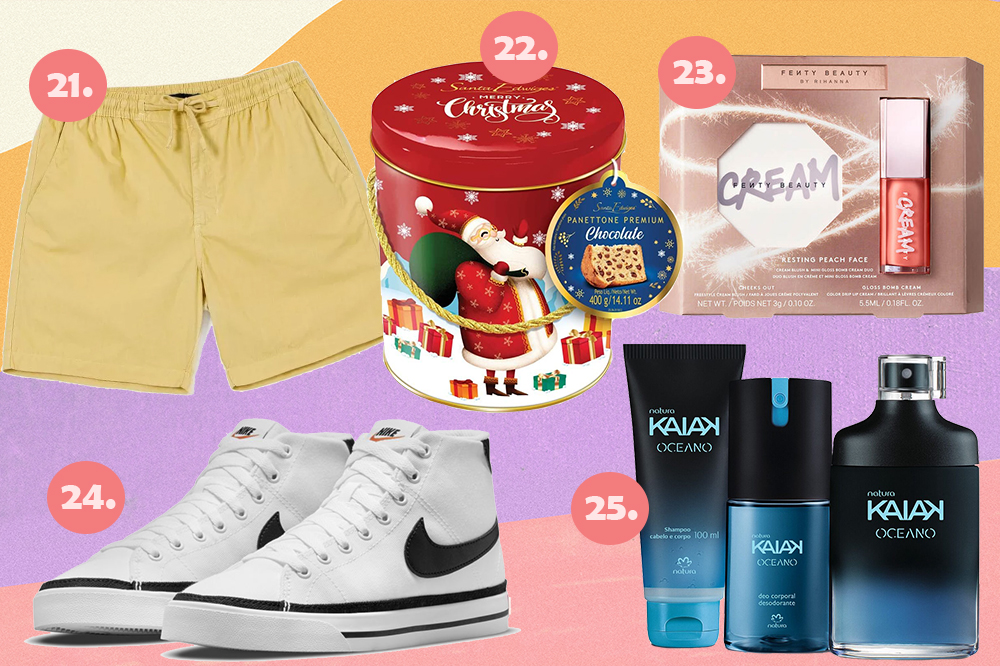 presentes-de-natal-2021-05 Montagem com cinco sugestões de presente de Natal em fundo amarelo, lilás e rosa. Tem um short bege, um panetone, um kit de maquiagem da Fenty Beauty, um tênis branco da Nike e um kit masculino da Natura.