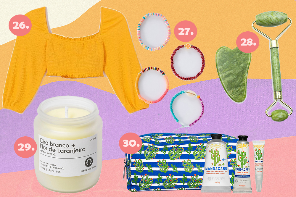presentes-de-natal-2021-06 Montagem com cinco sugestões de presente de Natal em fundo amarelo, lilás e rosa. Tem um top cropped amarelo, um kit de pulseiras coloridas, um rolinho de jade com Gua Sha, uma vela e um kit de cremes com nécessaire.