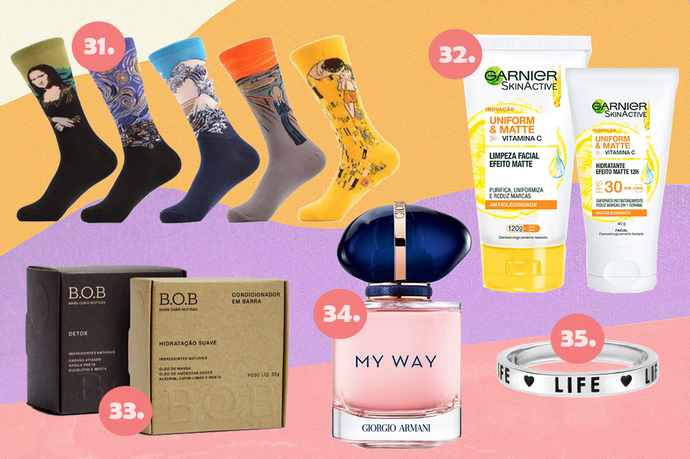 presentes-de-natal-2021-07 Montagem com cinco sugestões de presente de Natal em fundo amarelo, lilás e rosa. Um kit de meias estampadas, um kit com produtos de skincare, um kit de xampu e condicionador em barra, um perfume e um anel.