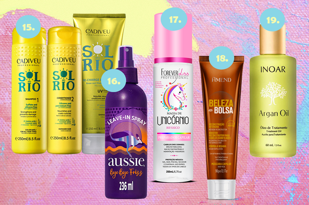 Montagem em fundo rosa, amarelo e azul com cinco produtos de beleza para o verão. Kit de xampu, condicionador e máscara, leave-in capilar, máscara capilar e óleo capilar.