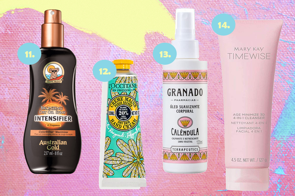 Montagem em fundo rosa, amarelo e azul com quatro produtos de beleza para o verão. Bronzeador, creme para mãos, óleo corporal e gel de limpeza facial.