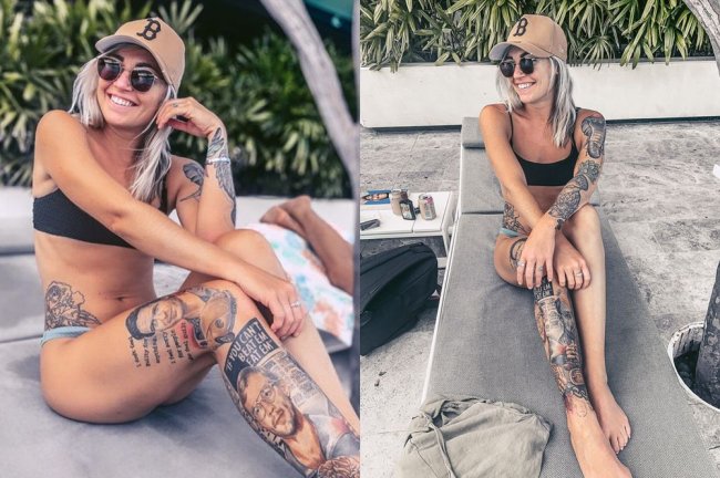 Mulher gasta mais de R$ 10 mil para tatuar rostos de serial killers na perna Foto de uma mulher loira, sentada em uma cadeira de praia, usando um biquíni preto e exibindo suas tatuagens em homenagens a serial killers na perna direita
