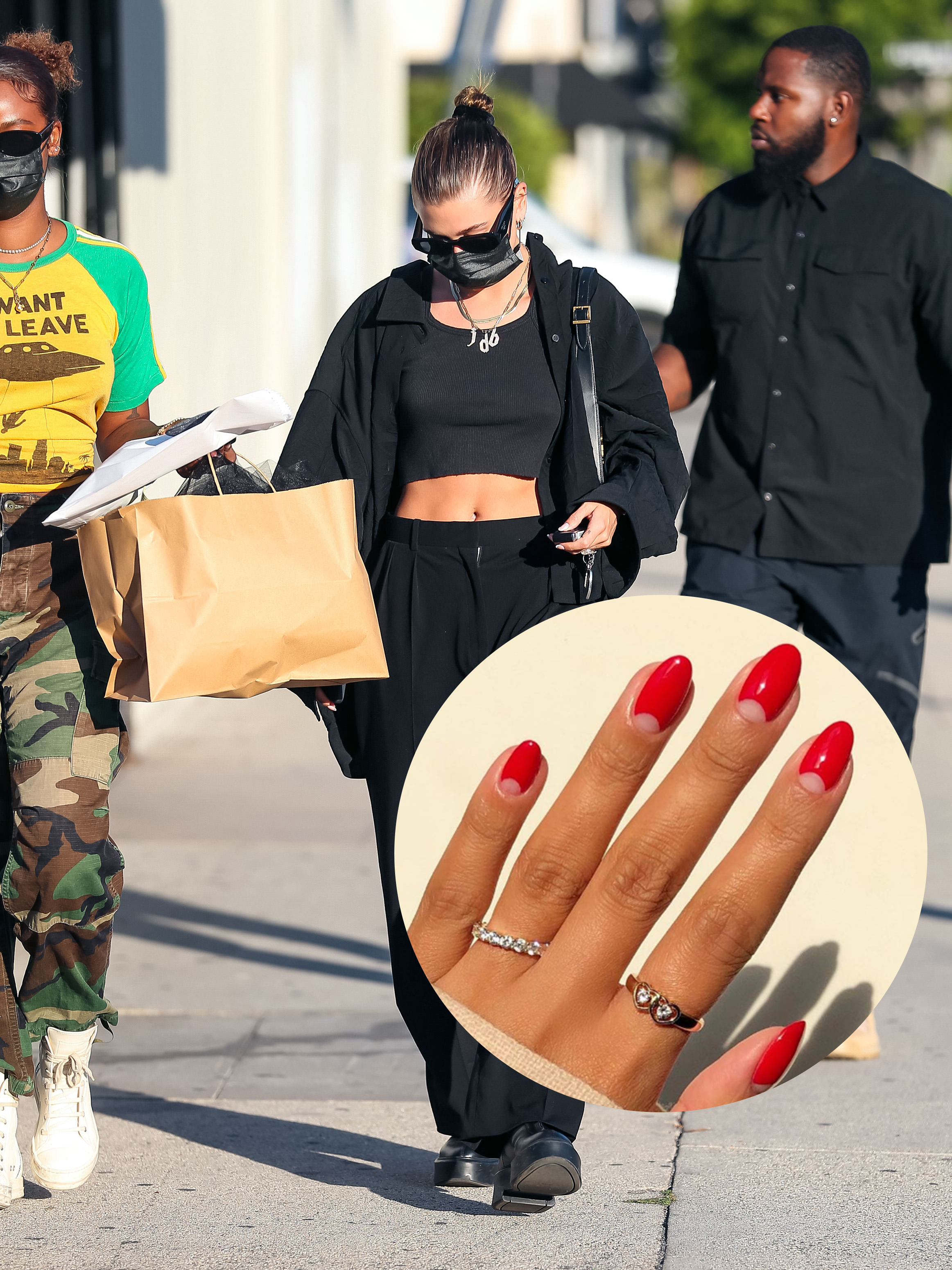 unha-vermelha-look-preto Montagem com foto da Hailey Bieber usando look todo preto e, em um círculo, uma mão com unhas vermelhas