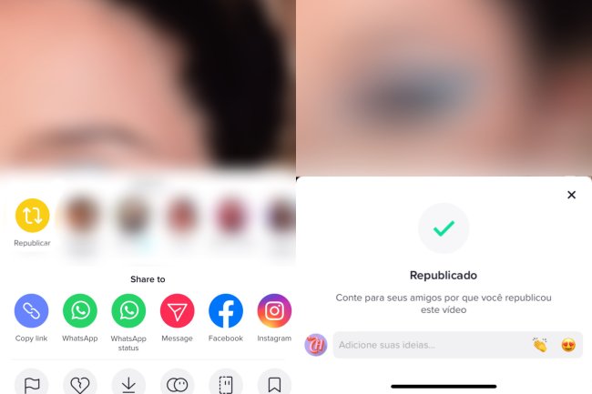 Print de tela do aplicativo TikTok, destacando as funções de compartilhamento