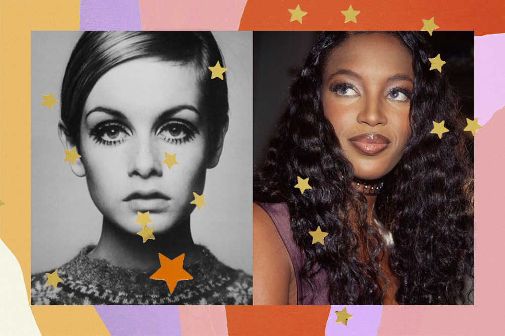 Montagem mostra, de um lado, a modelo britânica Twiggy usando uma maquiagem clássica dos anos 60: cut crease ou delineado banana, cílios postiços, lápis branco na linha d'água e rímel nos cílios inferiores. Olha para a câmera um pouco séria. De outro, a supermodelo Naomi Campbell, com os cabelos cacheados, maquiagem bem anos 90 com a técnica ombré lips nos lábios. Campbell usa choker preta e uma regata marrom. Ela olha para o lado sorrindo.