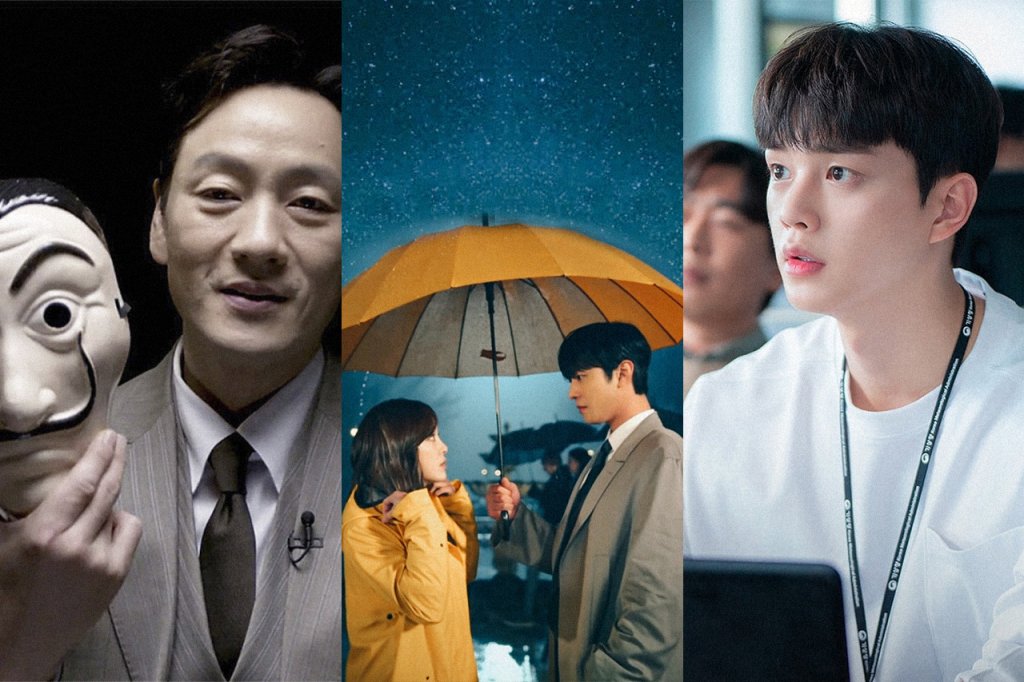 Imagem com 3 k-dramas que serão lançados pela Netflix em 2022; na primeira um homem segurando a máscara de Dali do remake de La Casa de Papel; na segunda uma mulher e um homem na chuva embaixo de um guarda-chuva amarelo; na terceira um personagem usando roupa branca e fazendo uma expressão de surpresa/choque