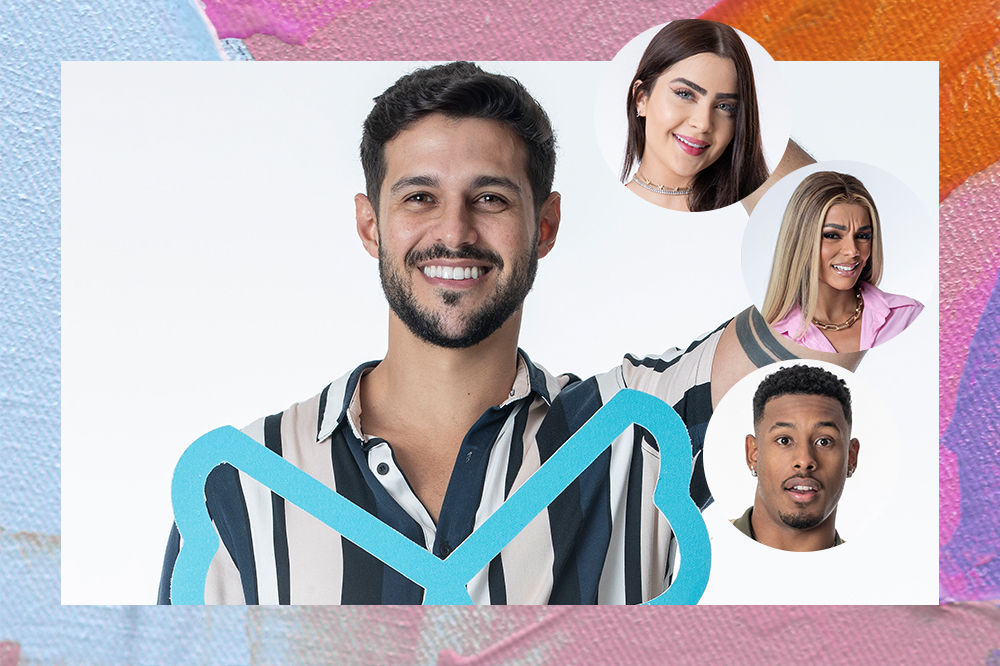 Montagem de Rodrigo, do BBB22, como Anjo, e de Jade Picon, Brunna Gonçalves e Paulo André em círculos separados, pois foram os Monstros da semana