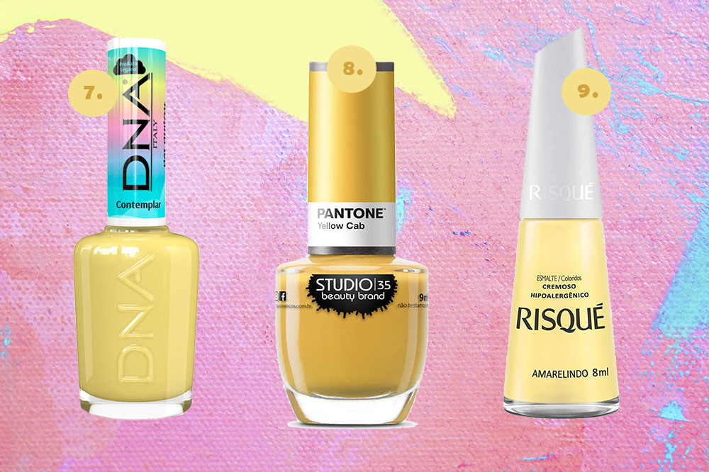 cor-esmaltes-tendencia-2022-amarelo Montagem em fundo rosa, amarelo e azul com três esmaltes amarelos