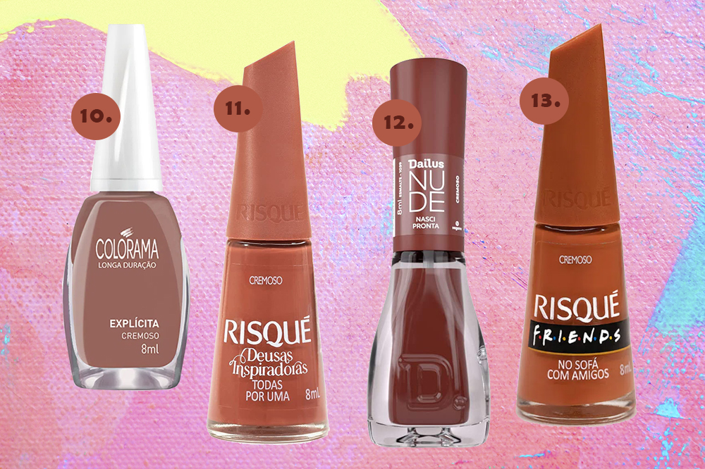 cor-esmaltes-tendencia-2022-terrosos Montagem em fundo rosa, amarelo e azul com quatro esmaltes marrons
