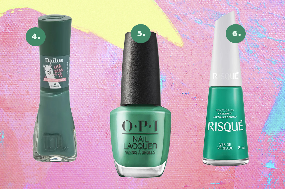 cor-esmaltes-tendencia-2022-verdesi Montagem em fundo rosa, amarelo e azul com três esmaltes em tons de verde