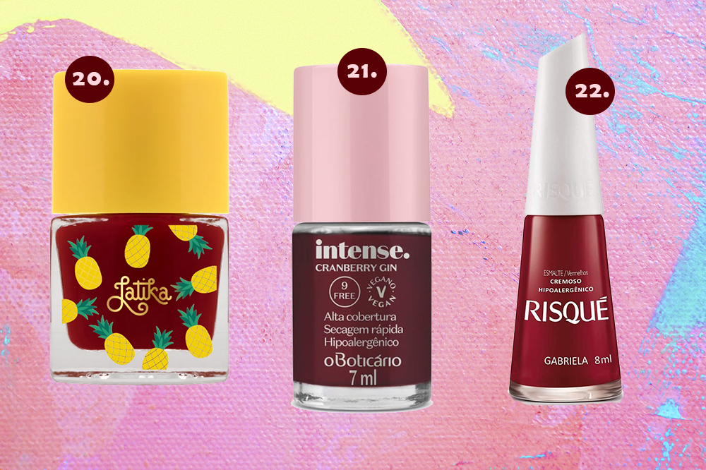 cor-esmaltes-tendencia-2022-vermelho-cranberry Montagem em fundo rosa, amarelo e azul com três esmaltes vermelhos