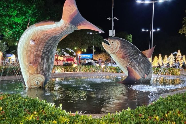 foto-centro-bonito Fotografia do centro da cidade de Bonito, Mato Grosso do Sul. Está de noite e a foto registra uma fonte de água, com duas estátuas grandes de peixes.