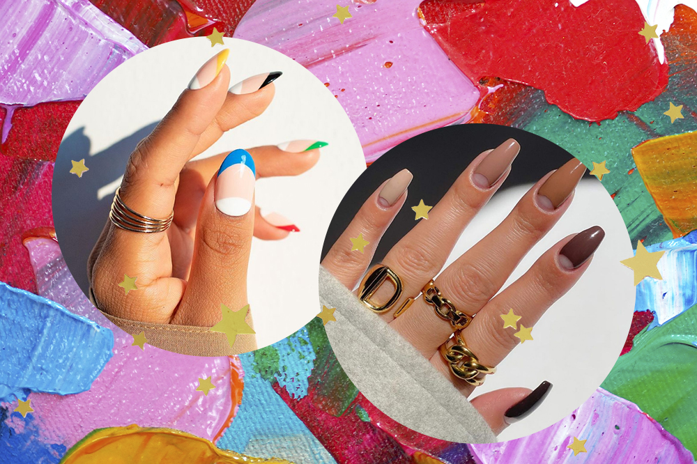 Montagem com foto de duas mãos em fundo com tintas rosa, azul, vermelha e verde. À esquerda, uma mão com unhas coloridas. À direita, uma mão com unhas neutras.