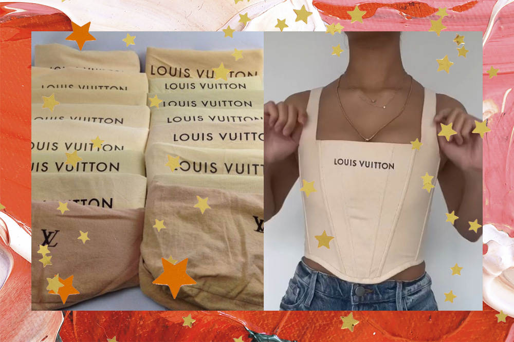 Montagem mostra, de uma lado, sacolas de tecido dobradas de grifes como Yves Saint Laurent e Louis Vuitton. De outro, Shaeles (@shaleseatlanta) usando um corset feito a partir das sacolas com a técnica de upcycling. A borda segue acompanhada de texturas e pinceladas de tintas coloridas, bem como estrelinhas douradas acompanhadas por toda a imagem.