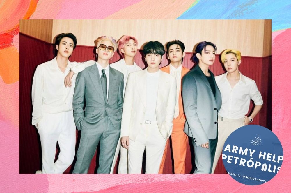 Foto do BTS e logo do ARMY HELP PETRÓPOLIS.