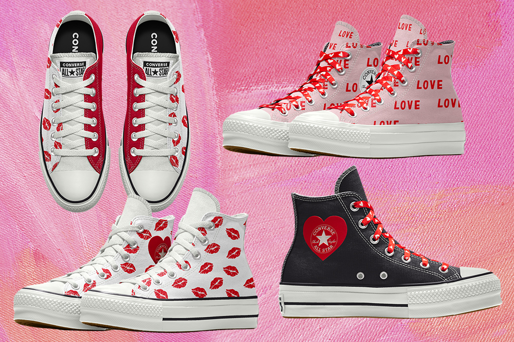 Quatro tênis da coleção de Valentine's Day da Converse em fundo rosa